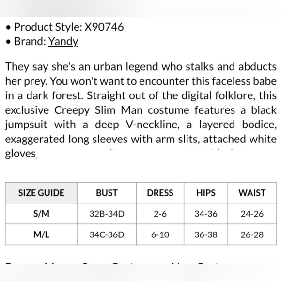 NEW Yandy Creepy Slim Slender Man Costume Long Arm Black Jumpsuit S/M - Picture 6 of 7